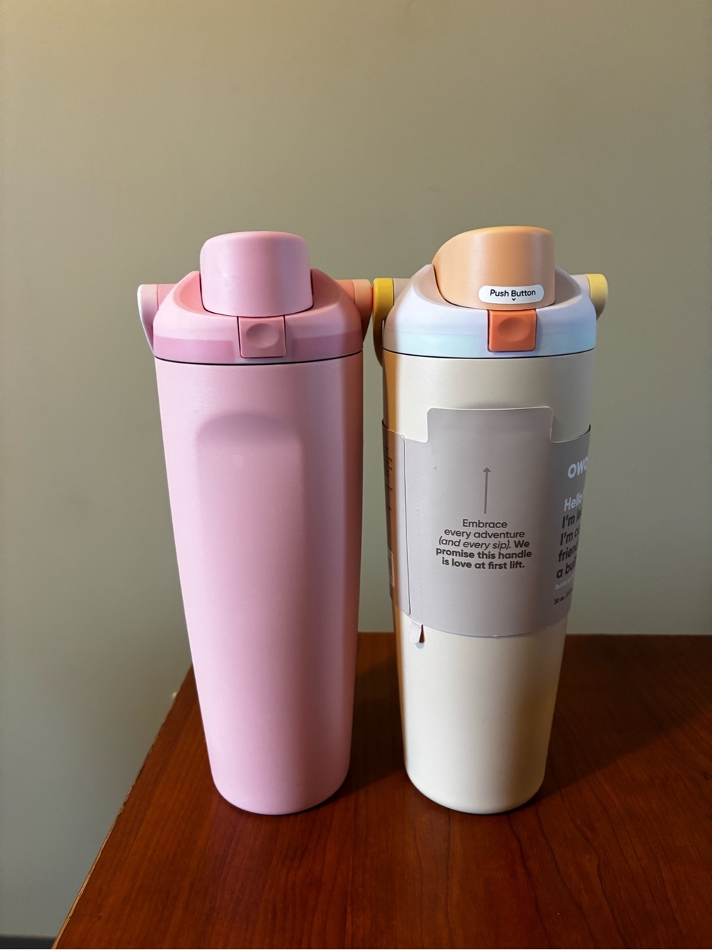 Two Owala 32 oz water bottles with handle